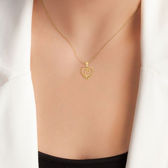 10K Solid Gold Heart Initial J Pendant - Personalized Letter Charm for Necklace - Picture 2 of 5